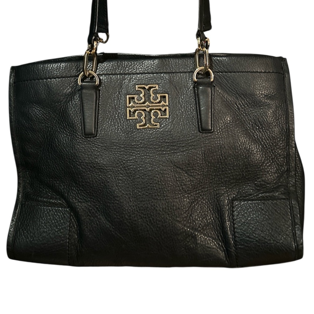 Tory Burch Black Leather Tote with Gold Logo Detail